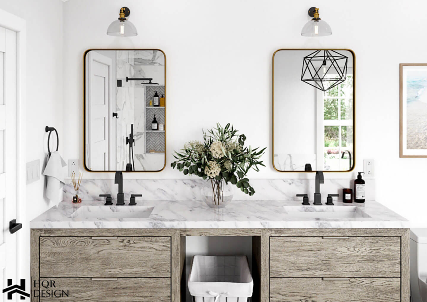 The image shows a modern bathroom vanity with a large marble countertop, two gold-toned mirrors, a wooden cabinet, and a minimalist design aesthetic.