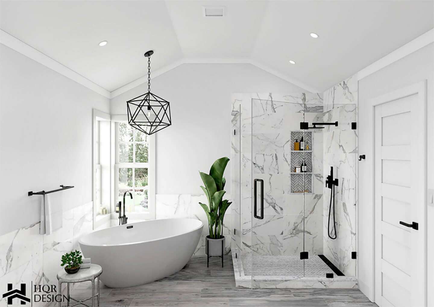 The image shows a modern bathroom interior with a marble-patterned shower enclosure, a white freestanding bathtub, a large mirror above the tub, a white sink vanity, a black pendant light fixture hanging from the ceiling, and various bathroom accessories.