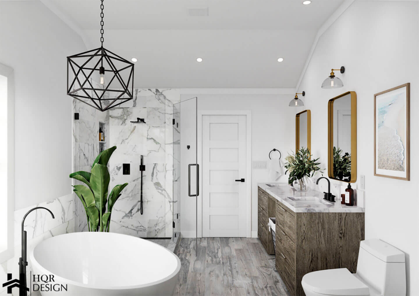The image depicts a modern bathroom interior with a large walk-in shower, a double sink vanity, and a contemporary design aesthetic.