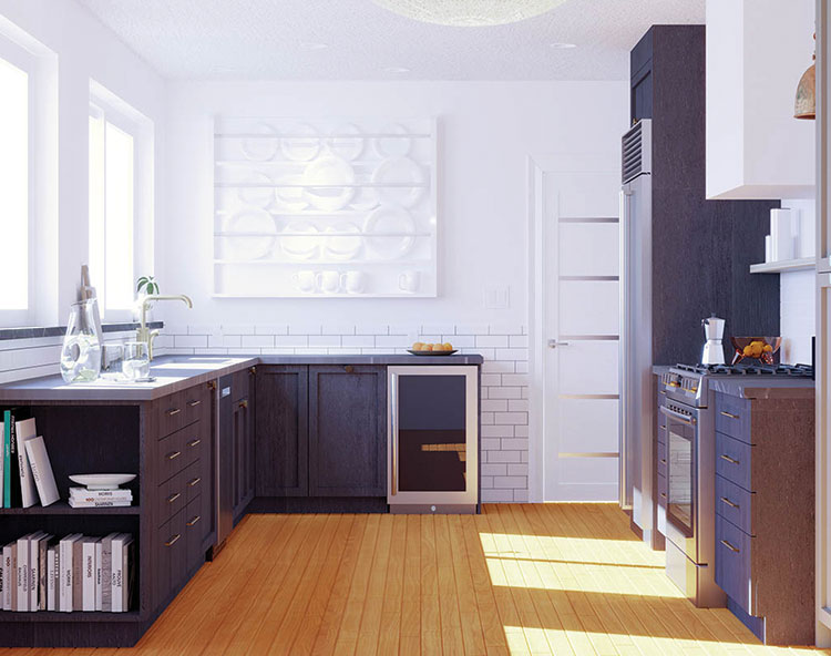 A modern kitchen with dark cabinets, stainless steel appliances, a white countertop, and a bright window allowing natural light into the space.
