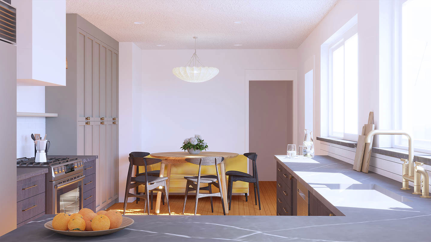 A modern kitchen with gray cabinets, white walls, yellow chairs, and a large island.