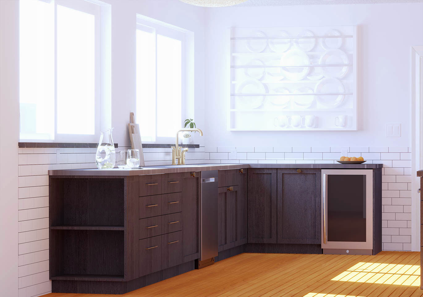 The image shows a modern kitchen with dark wood cabinets, stainless steel appliances, white countertops, and a large island in the center.