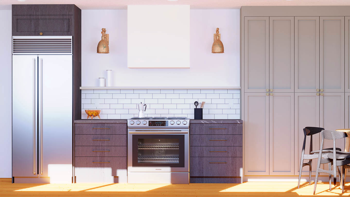 A modern kitchen with dark cabinets, stainless steel appliances, a tiled backsplash, and an open floor plan.