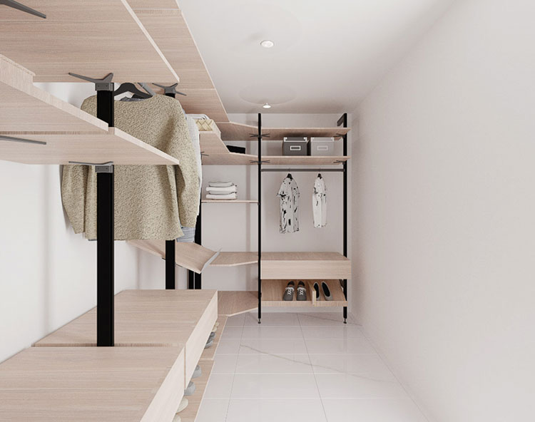 The image shows a modern, minimalist interior design of a small room with built-in shelving units and storage spaces, featuring a neutral color palette with wooden accents.