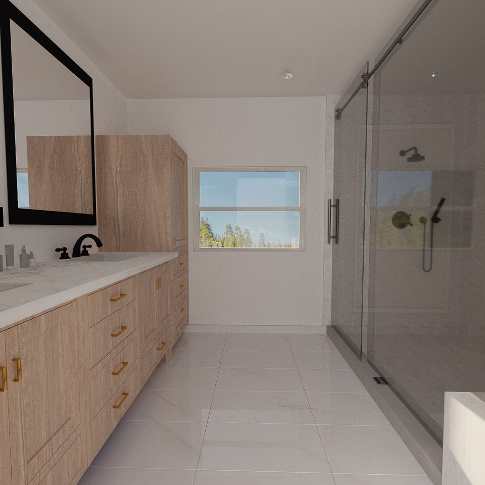 This is a photograph of a modern bathroom interior featuring a large walk-in shower with glass doors, a double vanity sink area with marble countertops, a full-length mirror, and a window providing natural light.