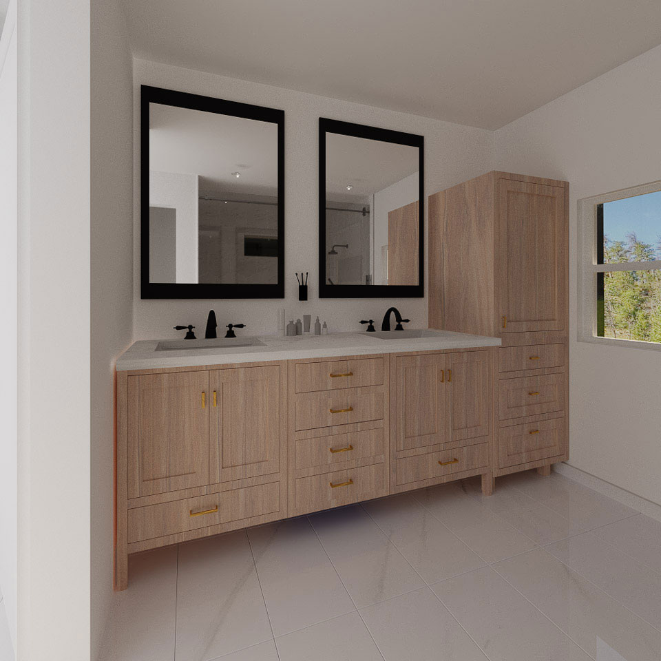 This is a photograph of a modern bathroom interior with minimalistic design, featuring light-toned cabinetry, a double sink vanity, a large mirror above the sinks, and a clean aesthetic.