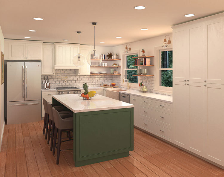 The image shows a modern kitchen interior with white cabinets, a central island with a green base, a stainless steel refrigerator, a sink, and various appliances visible.