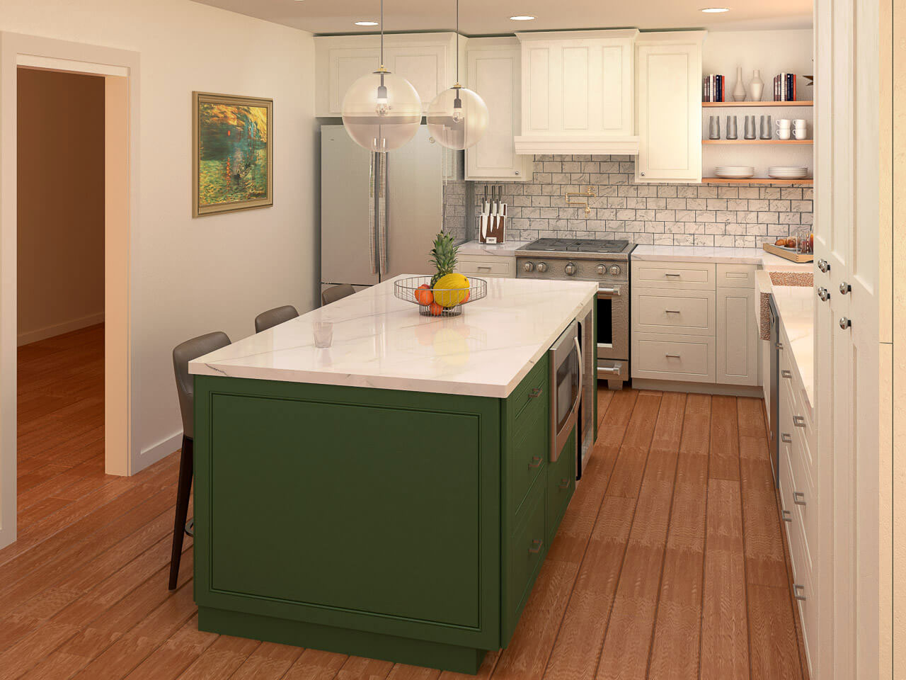 A modern kitchen with a large island featuring a marble countertop, green cabinets, a stainless steel sink, and a hanging light fixture.