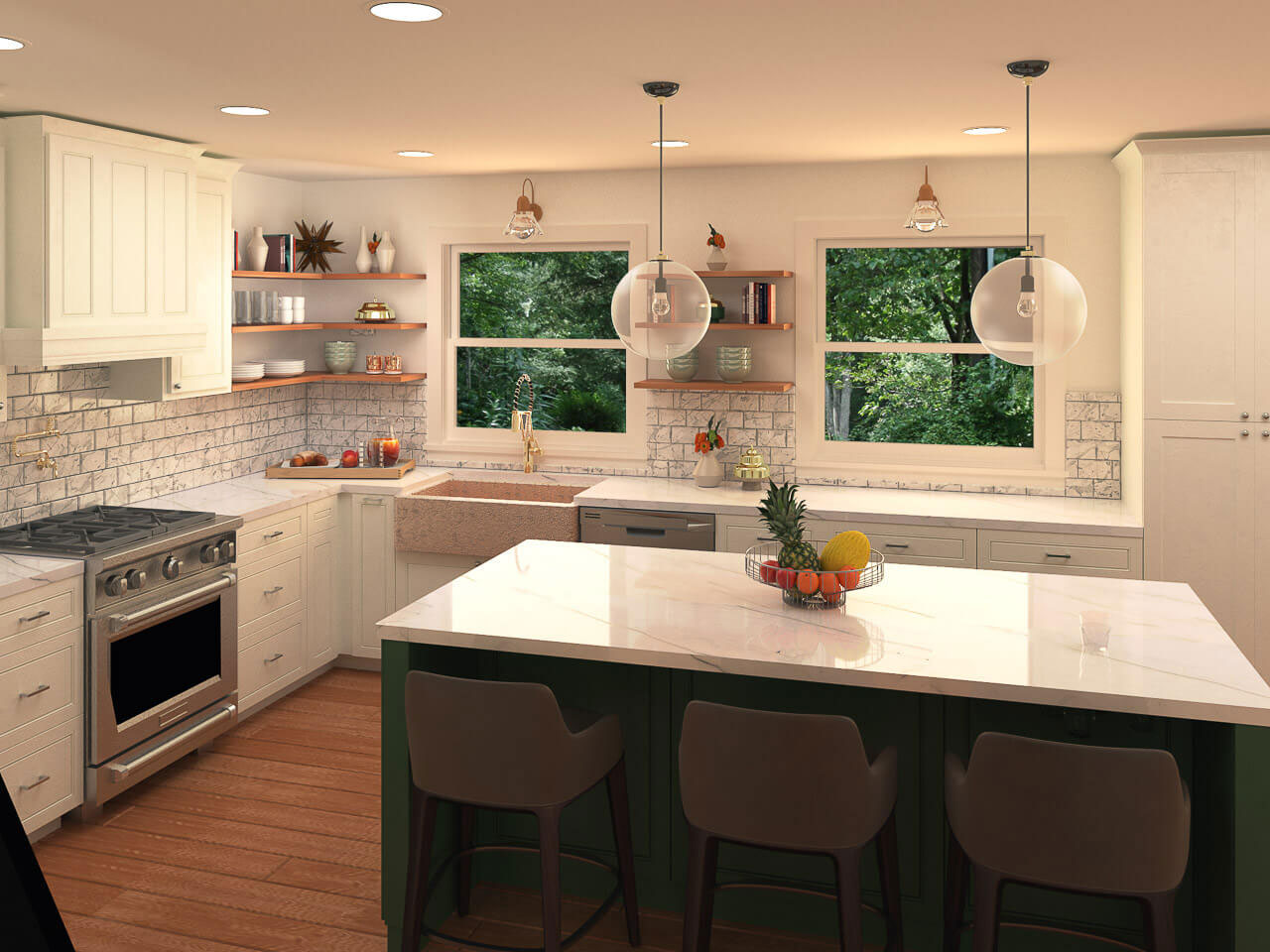 Modern kitchen with white cabinets, marble countertops, stainless steel appliances, and a center island.