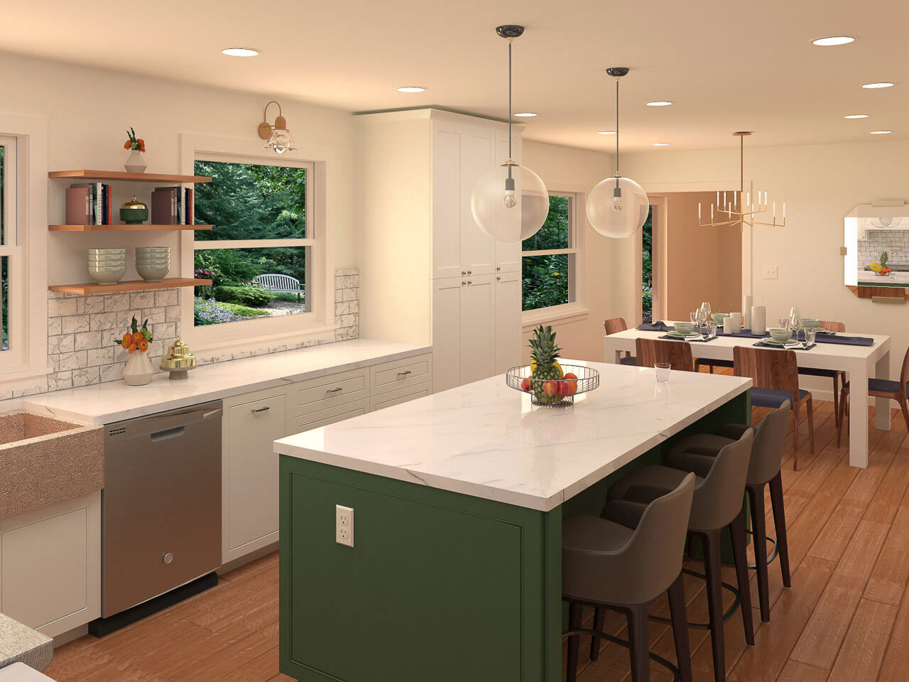 An interior view of a modern kitchen with a marble countertop, island, and stainless steel appliances, featuring a color scheme of white, green, and wood tones.