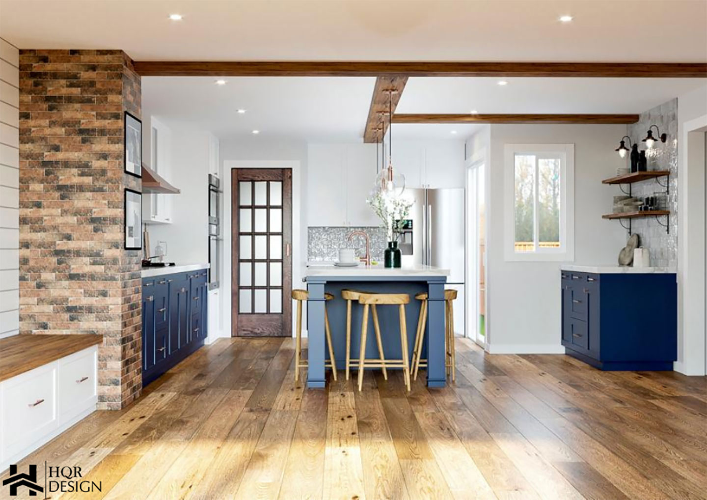 The image shows a modern kitchen interior with wooden flooring, blue cabinets, and a large island countertop.