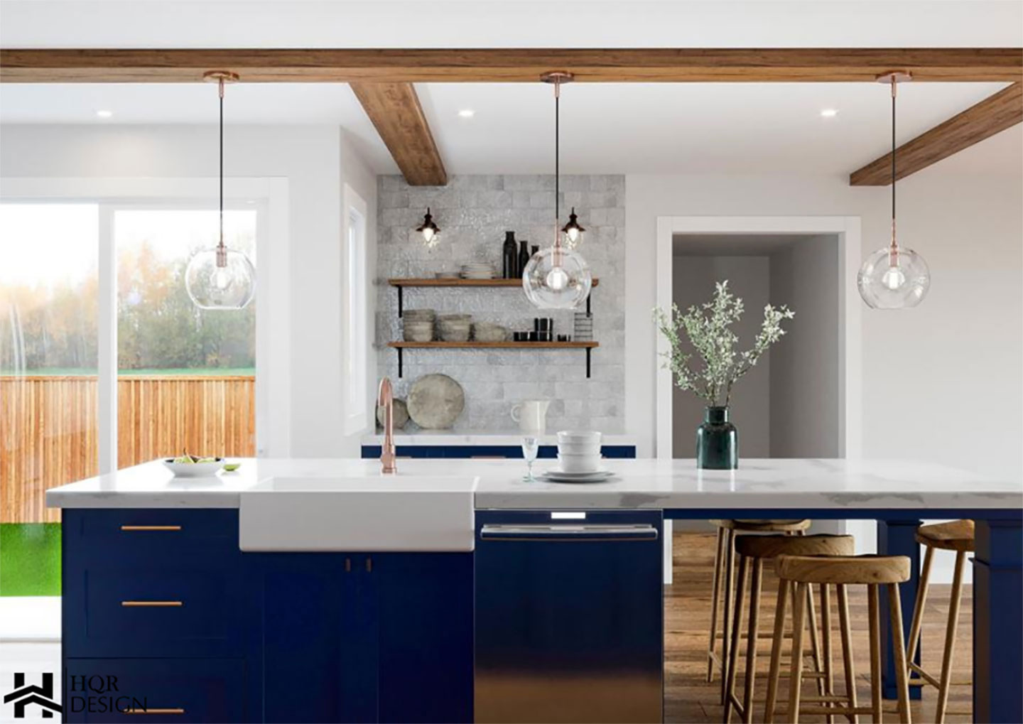 The image shows a modern kitchen interior with a prominent blue cabinetry and stainless steel appliances, featuring a center island with a sink, pendant lighting hanging above, and contemporary decorative elements such as wall sconces, a hanging light fixture, and a backsplash with geometric patterns.