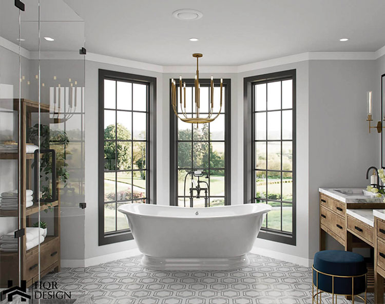 A modern bathroom with a large window, a freestanding bathtub, his-and-her sinks, and a contemporary design aesthetic.