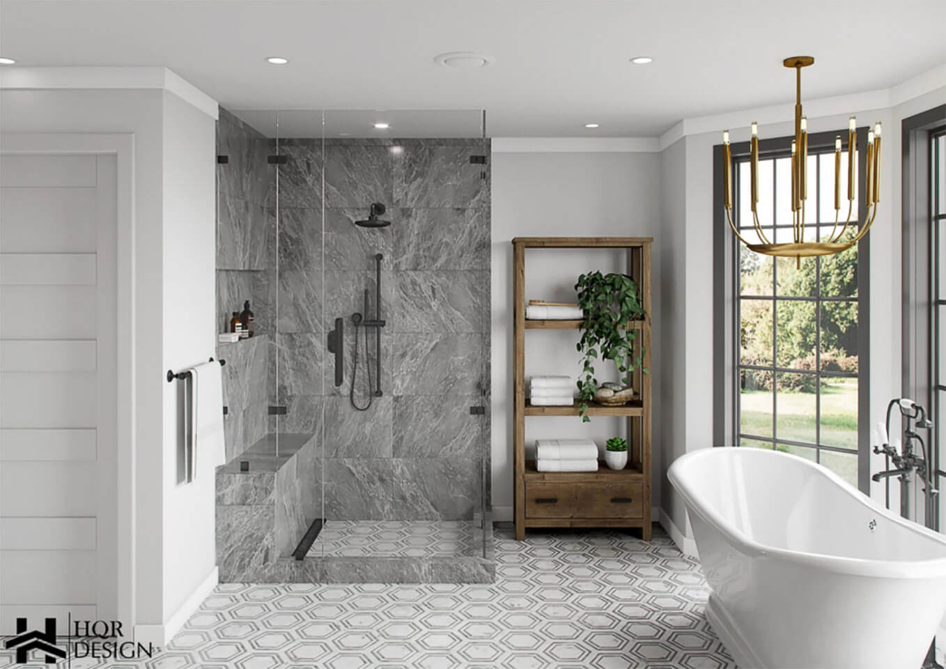 A modern bathroom with marble walls, a large shower area, a freestanding bathtub, white fixtures, and a contemporary design aesthetic.