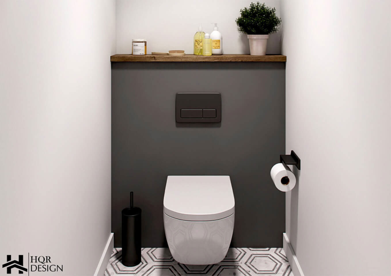 A modern bathroom with a small toilet, white wall-mounted sink, black floor tiles, and a minimalist design.