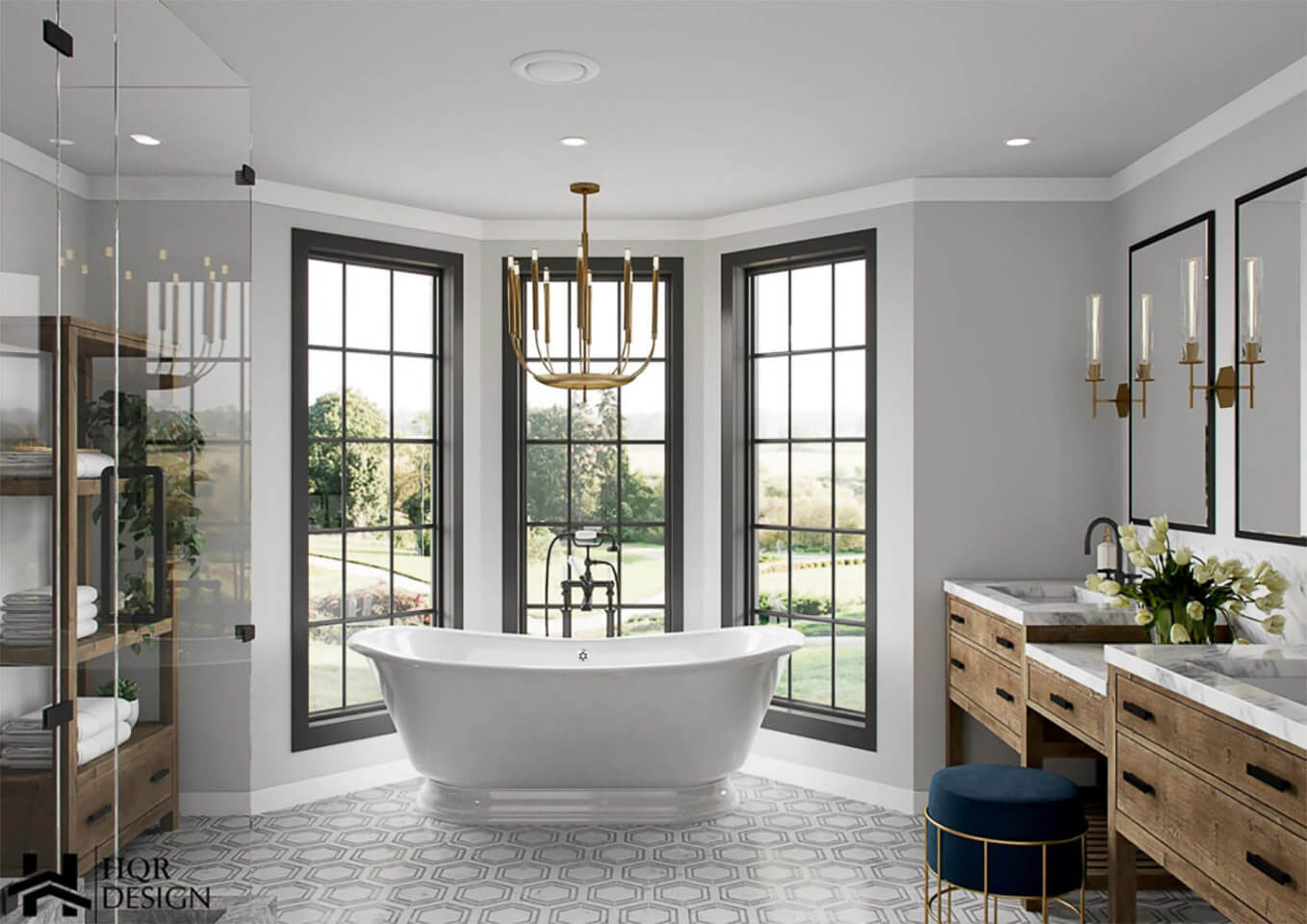 The image depicts a well-lit, modern bathroom interior with a large soaking tub, double sink vanity, and a chandelier hanging from the ceiling.