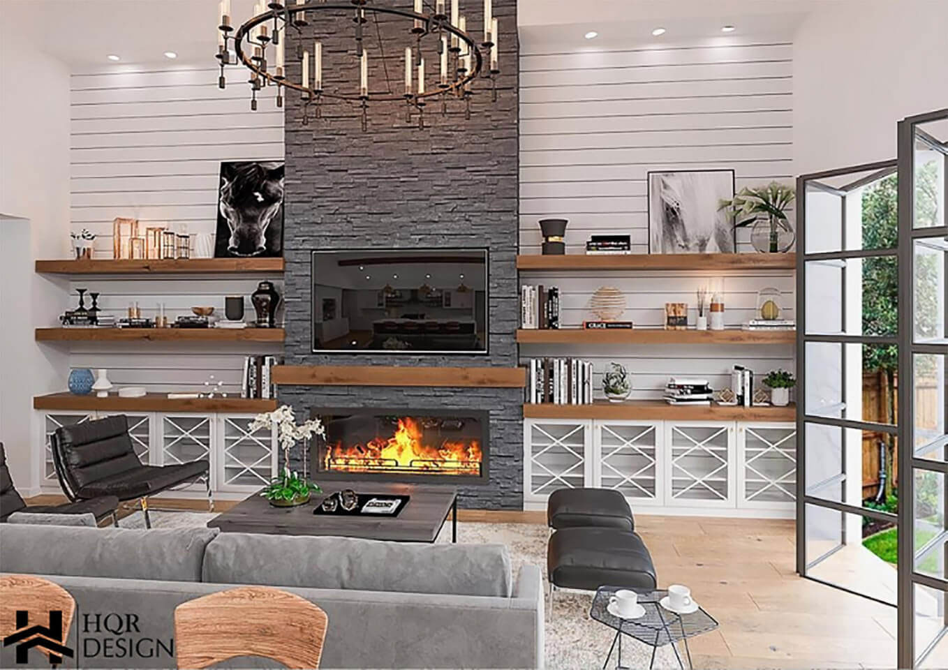 The image displays a modern living room interior with a fireplace, shelving units, and contemporary furniture.