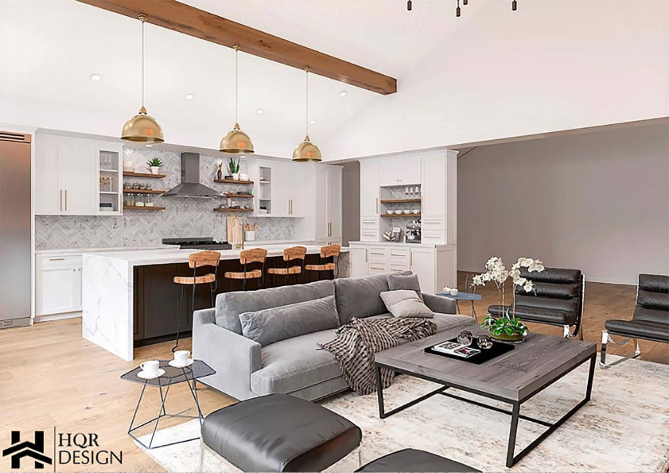 The image shows a modern interior design of a living room with a contemporary kitchen area, featuring sleek cabinetry, a large island, stainless steel appliances, and a clean, minimalist aesthetic.