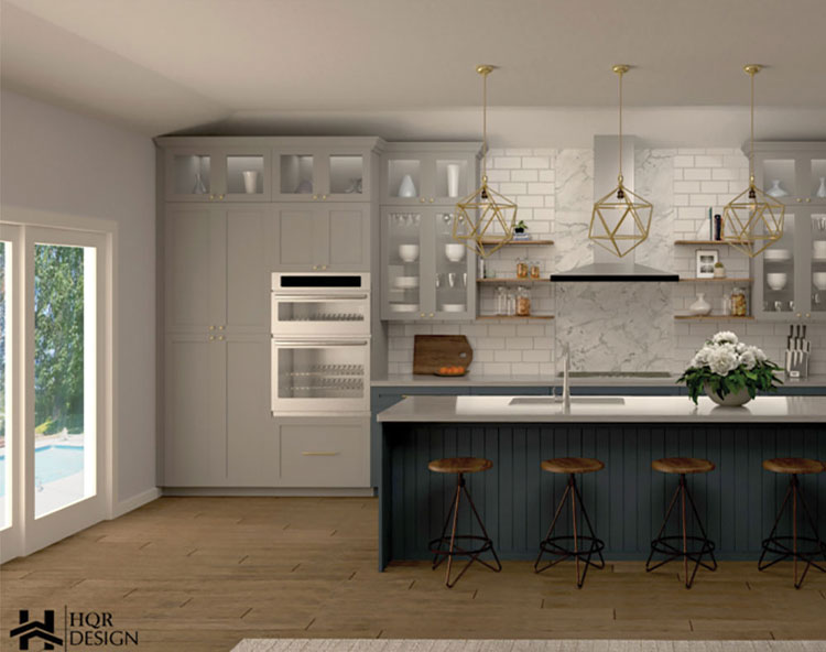 The image shows a modern kitchen interior with white cabinets, marble countertops, stainless steel appliances, and a central island with bar stools. The design features a neutral color palette with blue accents, and there are decorative elements such as gold fixtures and a geometric backsplash.