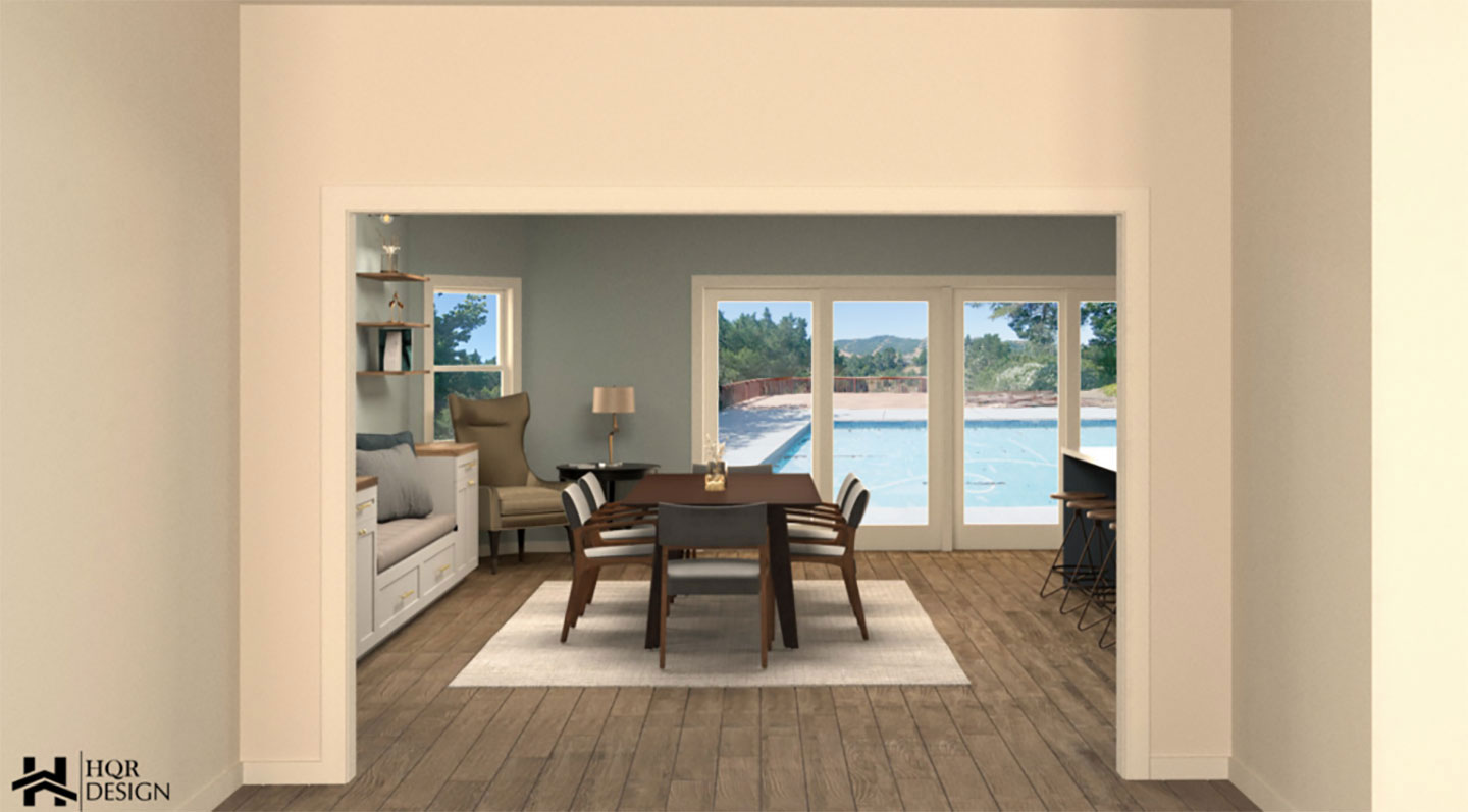 The image shows an interior view of a modern living room with a large window revealing an outdoor patio area with a pool, under a bright sky, viewed from a doorway into the room.
