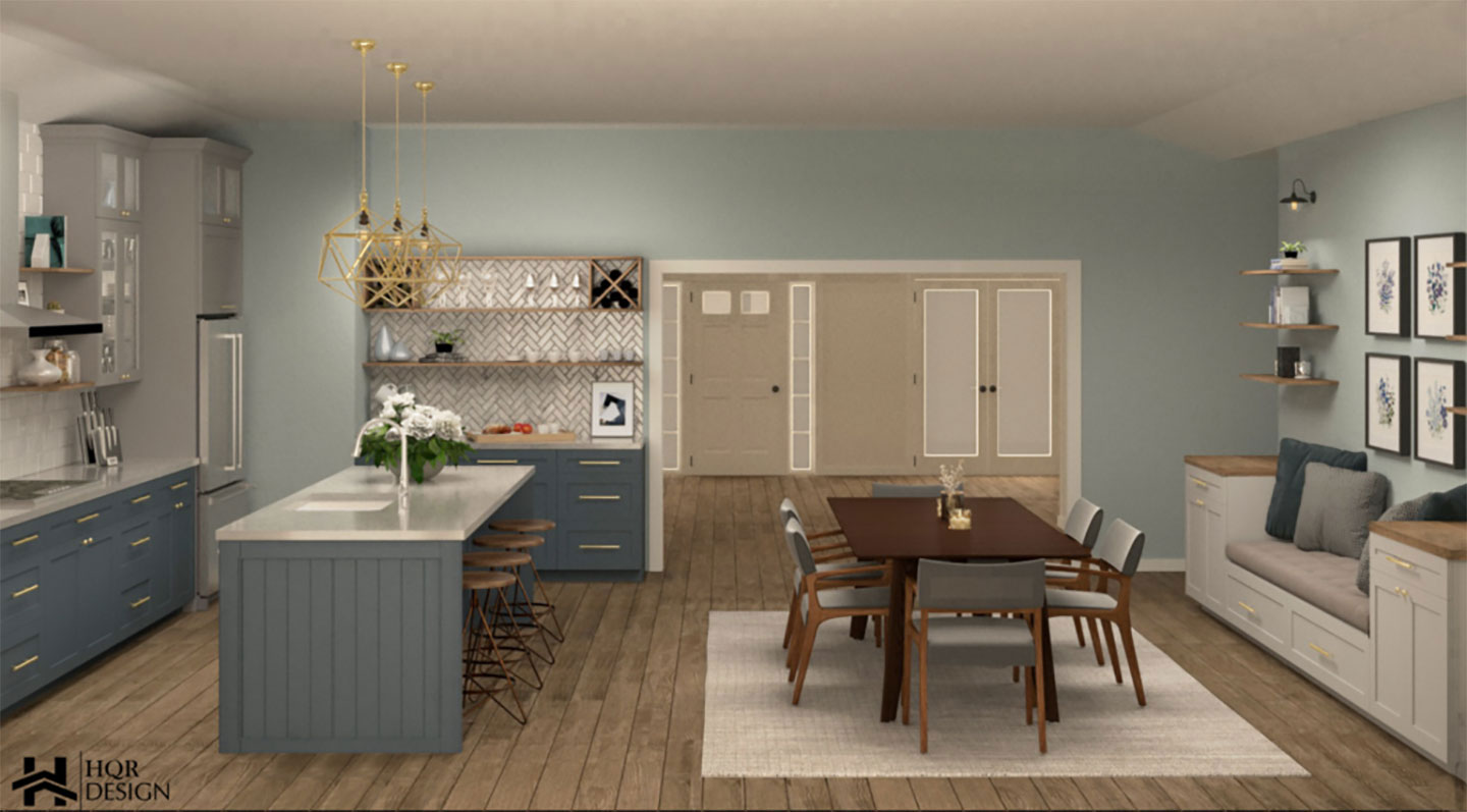 An image of a modern kitchen interior with blue cabinets, white countertops, a large island, stainless steel appliances, and a dining table set for four.