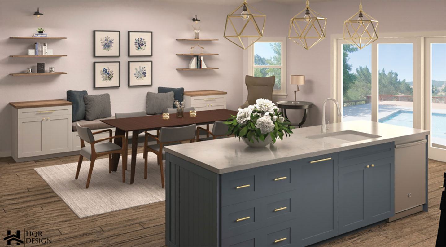 The image shows a modern kitchen interior with a color scheme consisting of gray cabinets, white countertops, and a mix of dark and light wood tones for flooring and furniture.