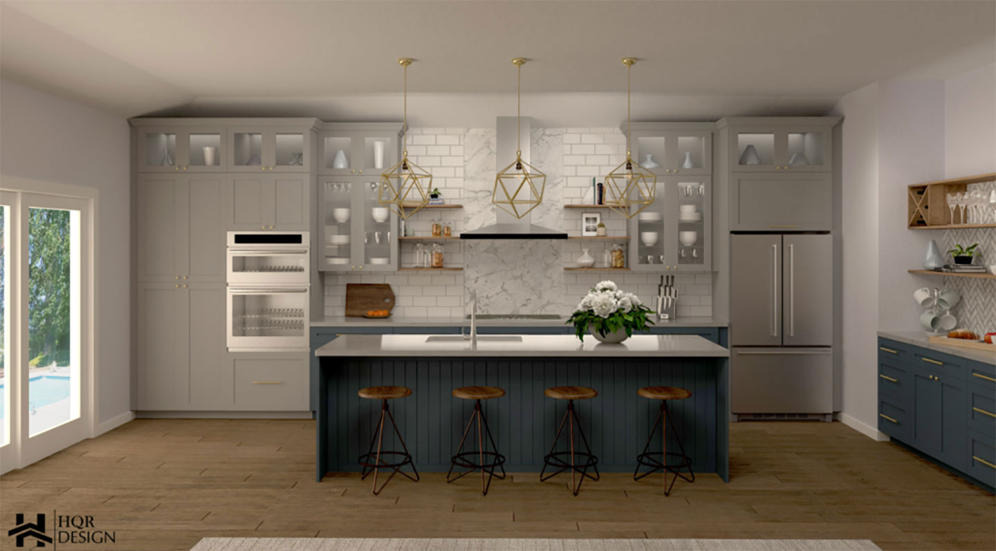 A modern kitchen with gray cabinets, stainless steel appliances, a center island, and pendant lighting above the island.