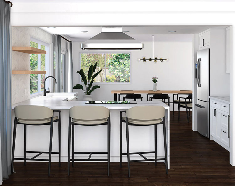 The image shows a modern kitchen interior with light wood flooring, white walls, a large island with bar stools, a stainless steel refrigerator, a kitchen sink, and various cabinets.