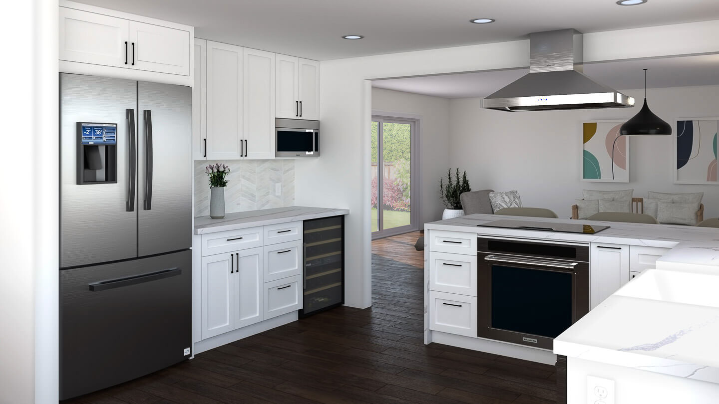 A modern kitchen with stainless steel appliances, white cabinets, and a sleek design.