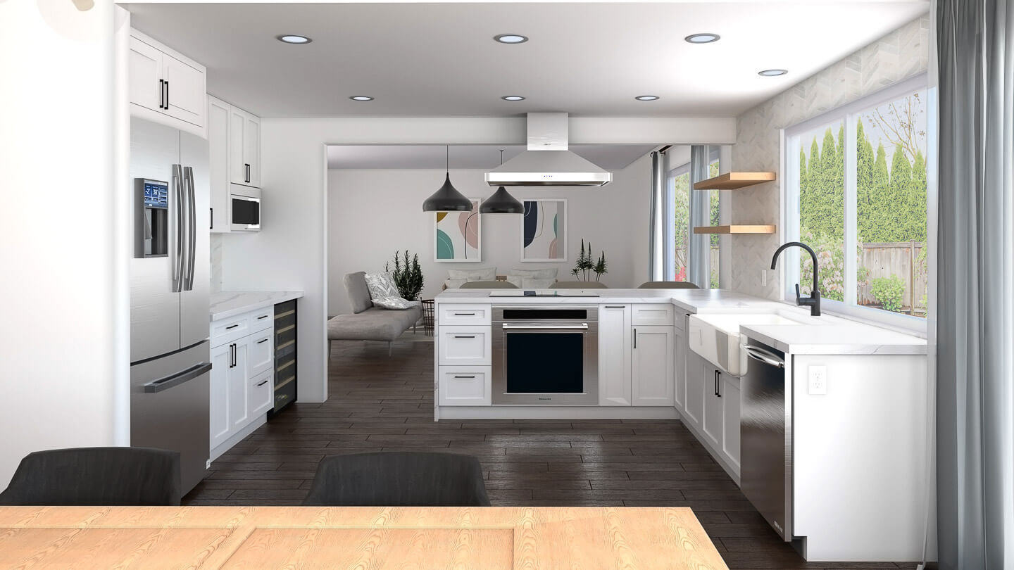 A modern kitchen interior with white cabinets, stainless steel appliances, and a large island countertop.