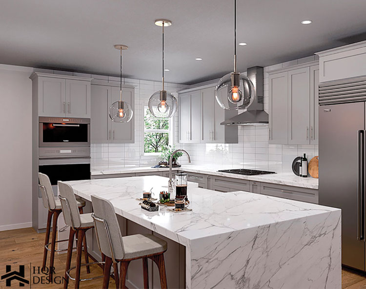 The image features a modern kitchen interior with white marble countertops, a center island, pendant lighting above the island, stainless steel appliances, a large refrigerator, a range hood, and a dining table with chairs. The walls are painted in a light color, and there is a ceiling fan with lights. The design includes sleek cabinetry, a backsplash, and recessed lighting throughout the space.
