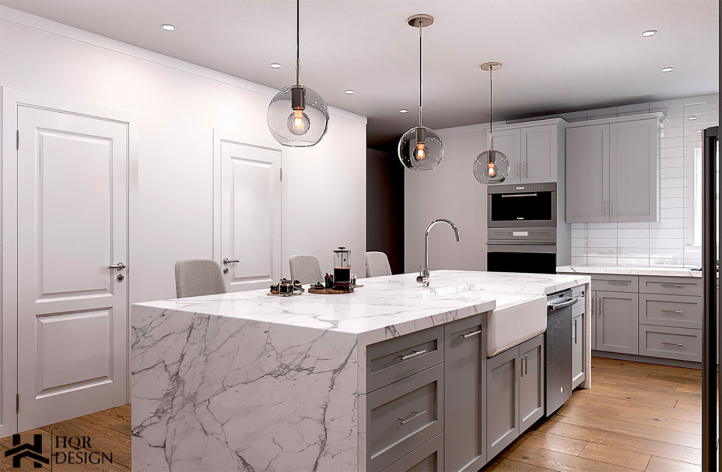 The image shows a modern kitchen interior with a marble countertop, gray cabinets, stainless steel appliances, and pendant lighting.