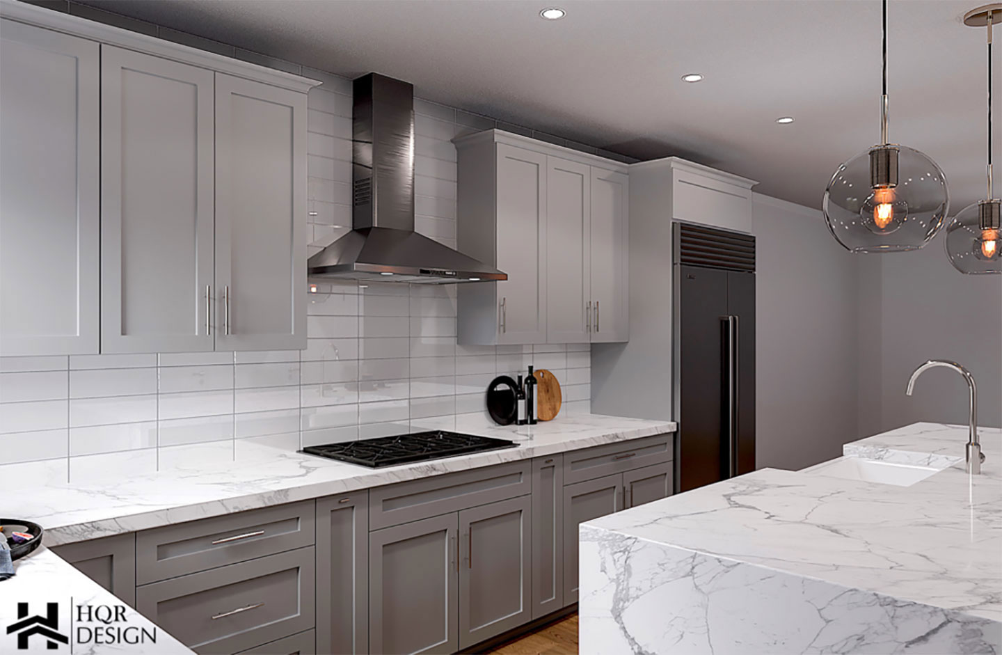 The image shows a modern kitchen interior with white cabinets, marble countertops, stainless steel appliances, and a backsplash featuring large white subway tiles.