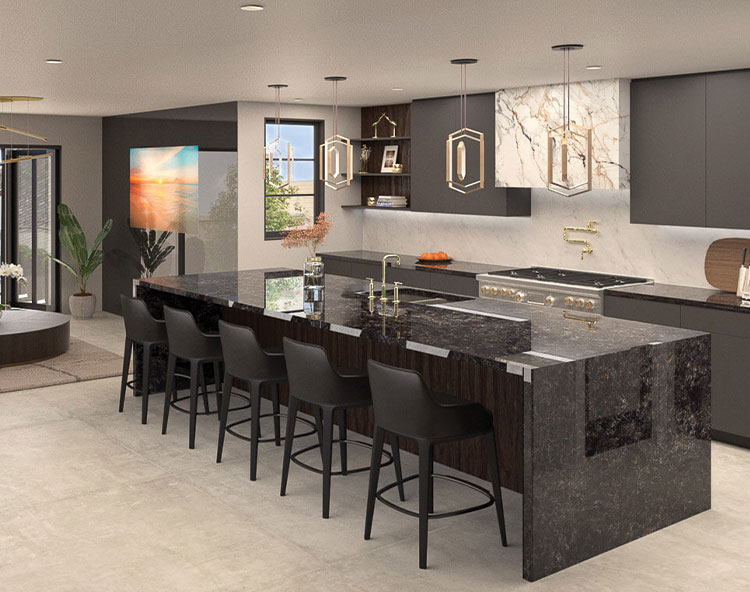The image displays a modern kitchen interior with dark marble countertops, stainless steel appliances, black cabinetry, a center island with bar stools, and a contemporary design aesthetic.