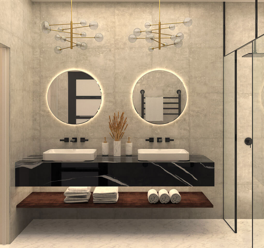 The image depicts a modern bathroom with a double sink vanity, a large rectangular mirror, marble countertops, black fixtures, a walk-in shower with glass doors, and a minimalist design aesthetic.