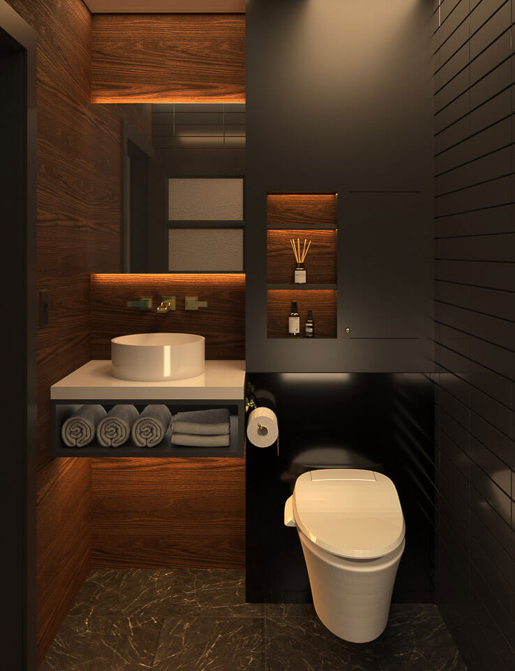A modern bathroom with a black-tiled wall, wooden accents, a toilet, sink, and towels neatly arranged on shelves.