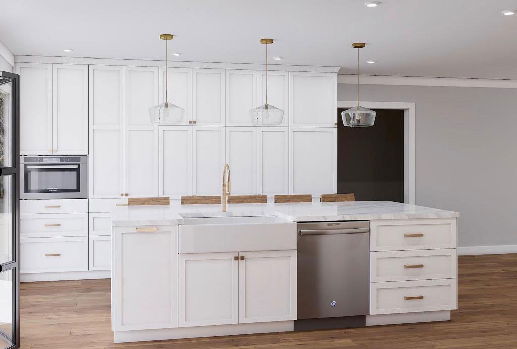 White kitchen with modern cabinets, stainless steel appliances, and a center island featuring a sink.
