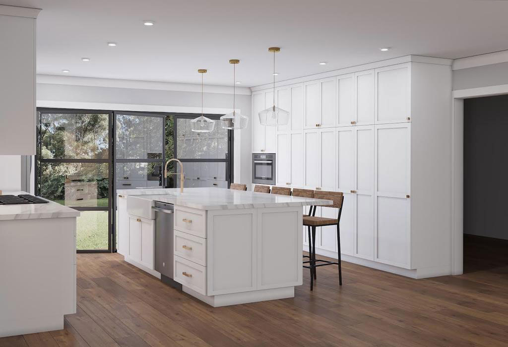 The image depicts a modern kitchen with white cabinets, stainless steel appliances, hardwood floors, and a large island in the center.
