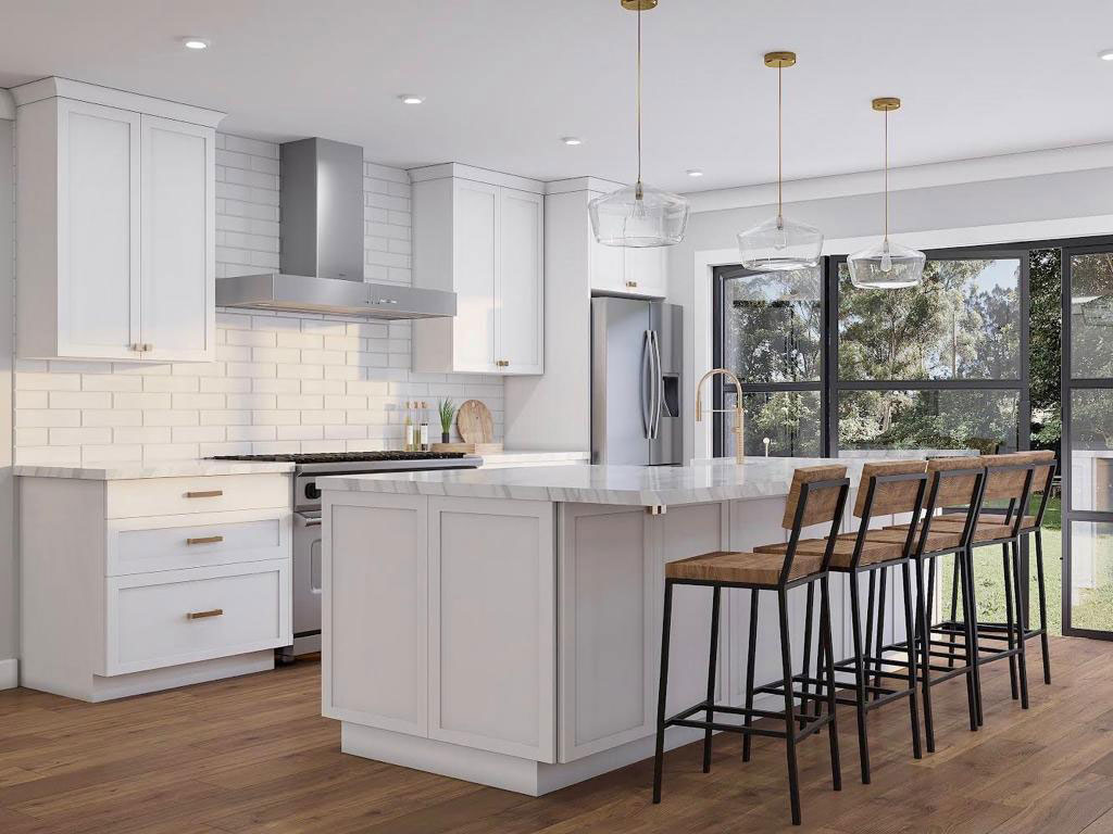 A modern kitchen with white cabinets, stainless steel appliances, a center island with stools, and a large window allowing natural light.