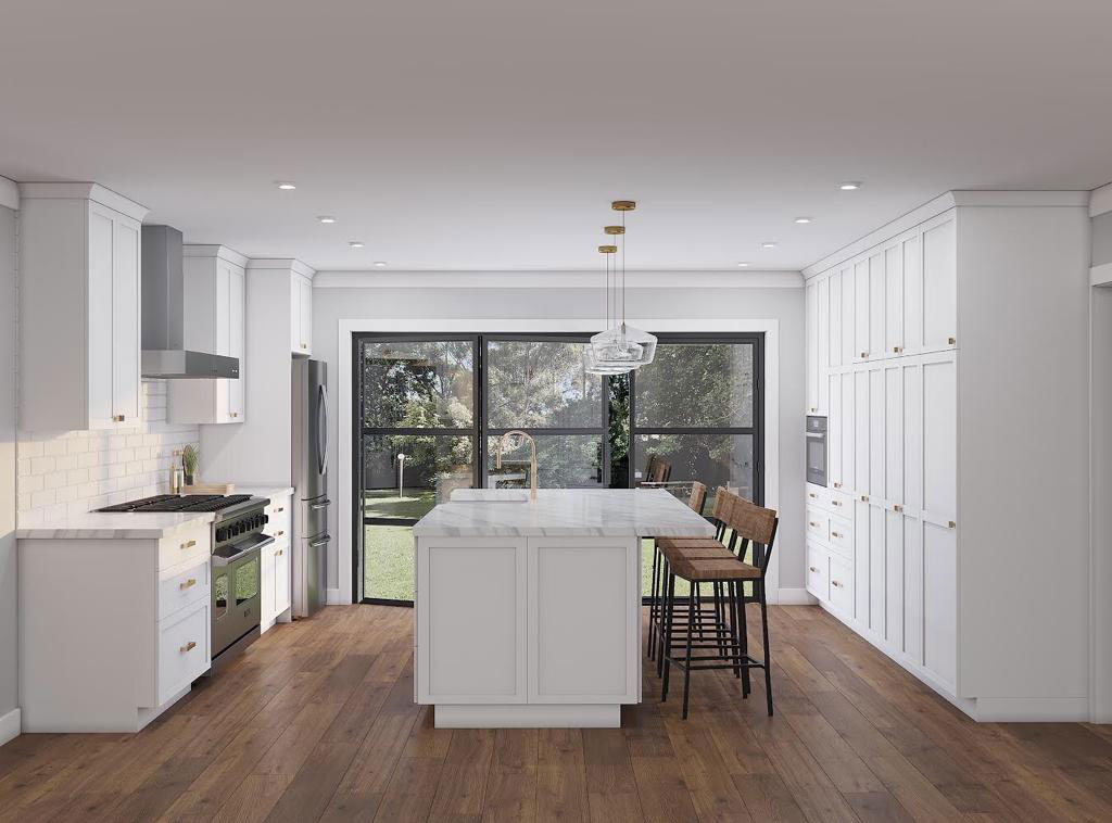 This is a photograph of a modern kitchen interior with white cabinetry, a large island with countertop space, stainless steel appliances, hardwood flooring, and recessed lighting.