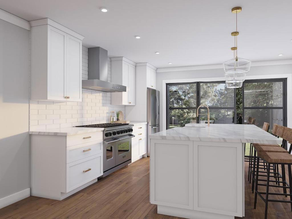 The image shows a modern kitchen with white cabinets, stainless steel appliances, a marble countertop, a center island, a pendant light fixture above the island, a hardwood floor, and recessed lighting. The kitchen has a large window allowing natural light to enter.