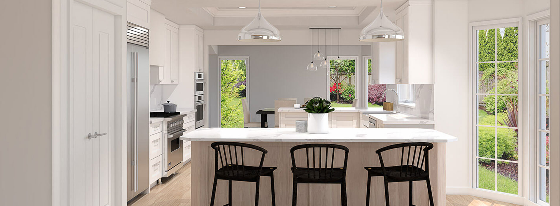 The image shows an interior view of a modern kitchen with white cabinets, black countertops, stainless steel appliances, and a large island with bar stools. The room has a neutral color palette, featuring shades of gray and beige, and is well-lit with natural light coming from the windows.
