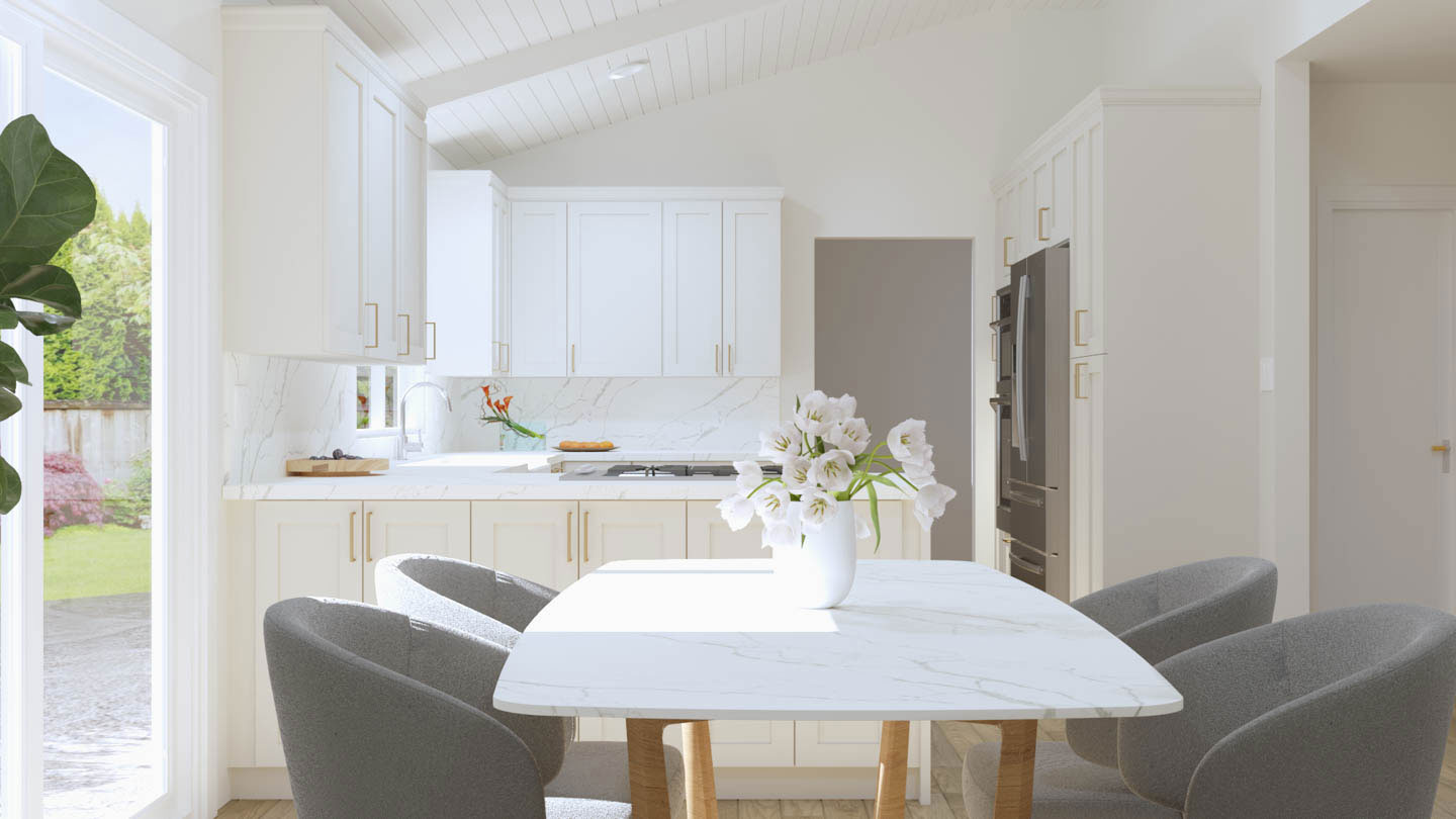 A modern kitchen with white cabinetry, marble countertops, and a dining table set for four with chairs.