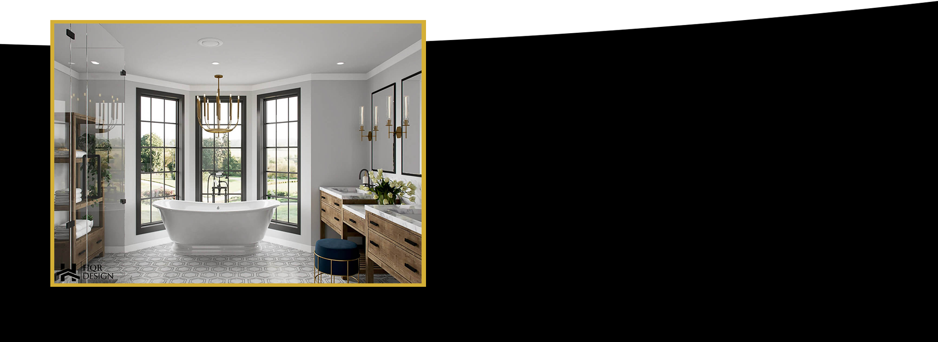 The image shows a modern bathroom interior with a large window allowing natural light, a white bathtub, and a minimalist design aesthetic.