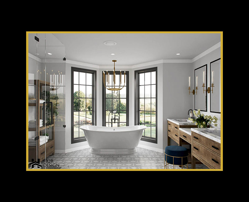The image displays a luxurious bathroom interior with a large bathtub, a chandelier, a window, and modern fixtures.